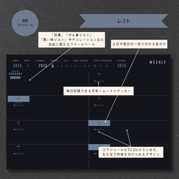 【12月始まり】2024年デジタルプランナー『ダークモード（ブルー） ウィークリー（4タイプ）』 6枚目の画像