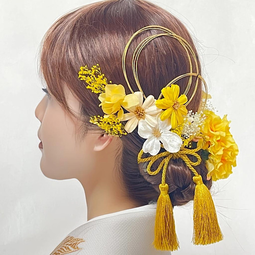 成人式 卒業式 結婚式 フラワーミックス髪飾り ホワイトイエロー 黄色