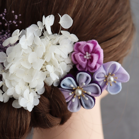 (受注生産)つまみ細工　髪飾り　ピンク系紫　成人式　前撮り　結婚式　和装 7枚目の画像