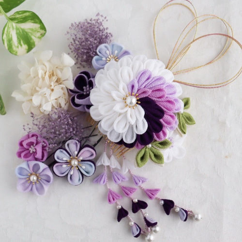 受注生産)つまみ細工 髪飾り ピンク系紫 成人式 前撮り 結婚式 和装