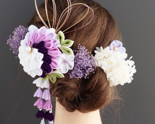 受注生産)つまみ細工 髪飾り ピンク系紫 成人式 前撮り 結婚式 和装
