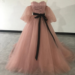 可愛い パーティードレス ピンク 取り外しふわふわ袖 サッシュベルト  憧れのドレス 花嫁 1枚目の画像