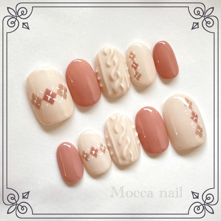 331】アーガイル ニットネイル × ベージュブラウン ネイルチップ  