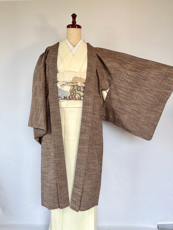 新品 正絹 単衣 女物 長羽織 紬 薄茶 着物 haori しば田（お休み 