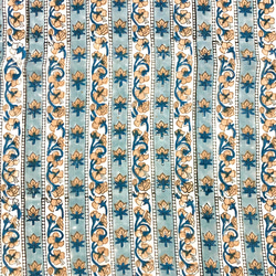 【50cm單位】藍灰白條紋米色花朵印度手工塊印花布料棉質 第3張的照片