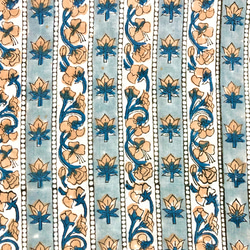 【50cm單位】藍灰白條紋米色花朵印度手工塊印花布料棉質 第2張的照片