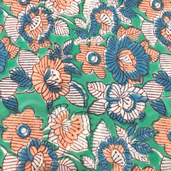 【50cm單位】綠橙藍花印地安手工版畫布料棉質 第2張的照片