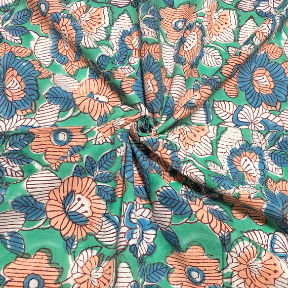 【50cm單位】綠橙藍花印地安手工版畫布料棉質 第1張的照片