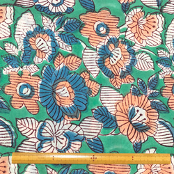 【50cm單位】綠橙藍花印地安手工版畫布料棉質 第6張的照片