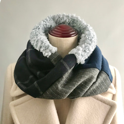 絵画なパッチワーク♥ふわふわボリュームスヌード♥ネイビー イエロー エクリュ 絵画なパッチワーク♥ふわふわボリュームスヌード♥ネイビー イエロー