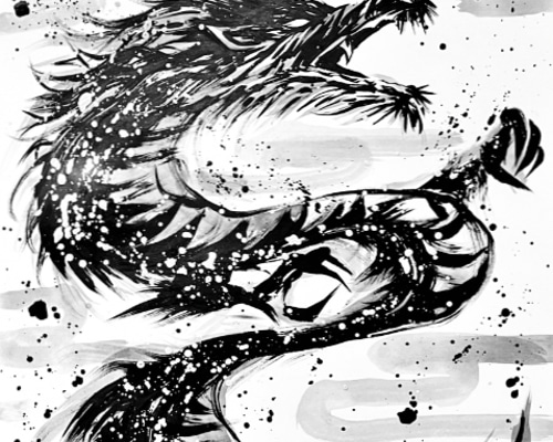 ドラゴン 水墨画 大きめ - 絵画