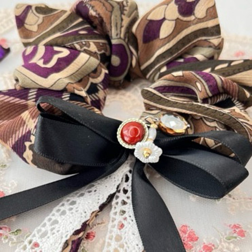 ハンドメイドシュシュM-4068♡サンドブラウンジョーゼット♡刺繍リボン