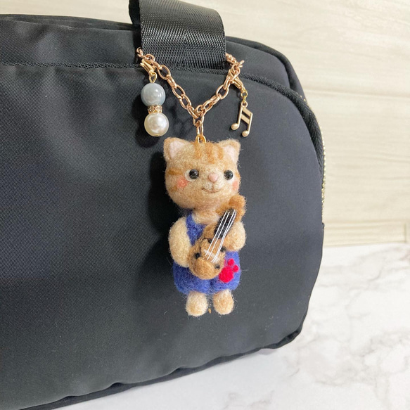 バイオリン弾きの茶トラくん 羊毛フェルト ねこ 猫 ネコ バッグチャーム キーホルダー フェルトマスコット cat 10枚目の画像