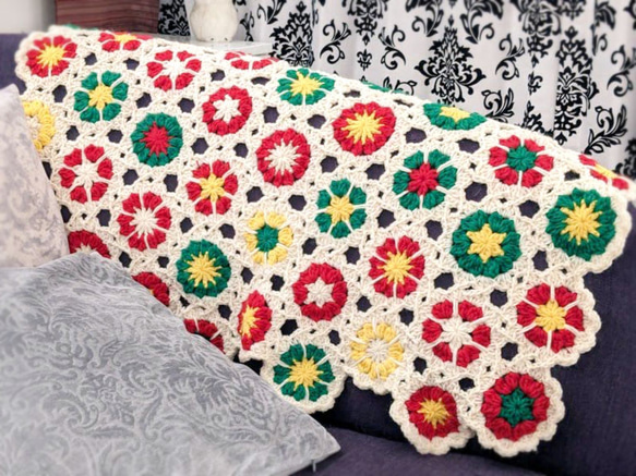 一点もの】かぎ針編み☆ウール☆マルチカバー☆クリスマス カーペット