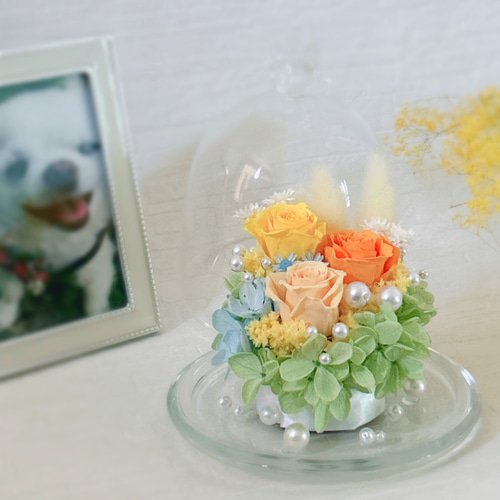 ペットのためのガラスドームお供え花】《お盆2025》ペット供養 仏花 犬