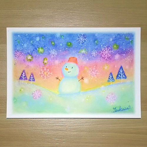 雪だるま絵葉書2枚 透明水彩ポストカード クリスマス 寒中お見舞い