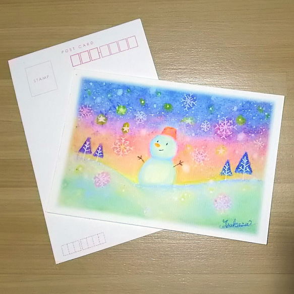 雪だるま絵葉書2枚　透明水彩ポストカード　クリスマス　寒中お見舞い 1枚目の画像