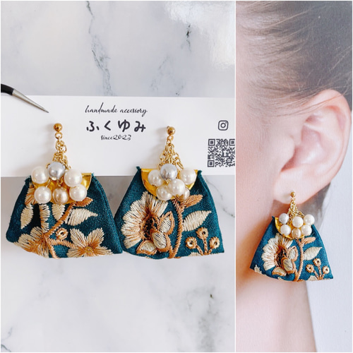 インド刺繍リボン/パール/ピアスorイヤリング ピアス（その他） ふく