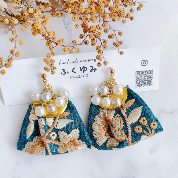 インド刺繍リボン/パール/ピアスorイヤリング ピアス（その他） ふく