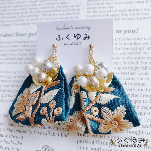 インド刺繍リボン/パール/ピアスorイヤリング ピアス（その他） ふく