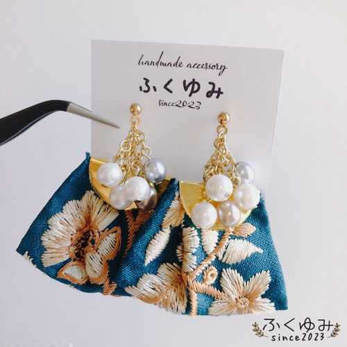 インド刺繍リボン/パール/ピアスorイヤリング ピアス（その他） ふく