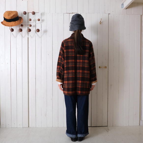 reversible wool coat * beige & orange check * 第5張的照片