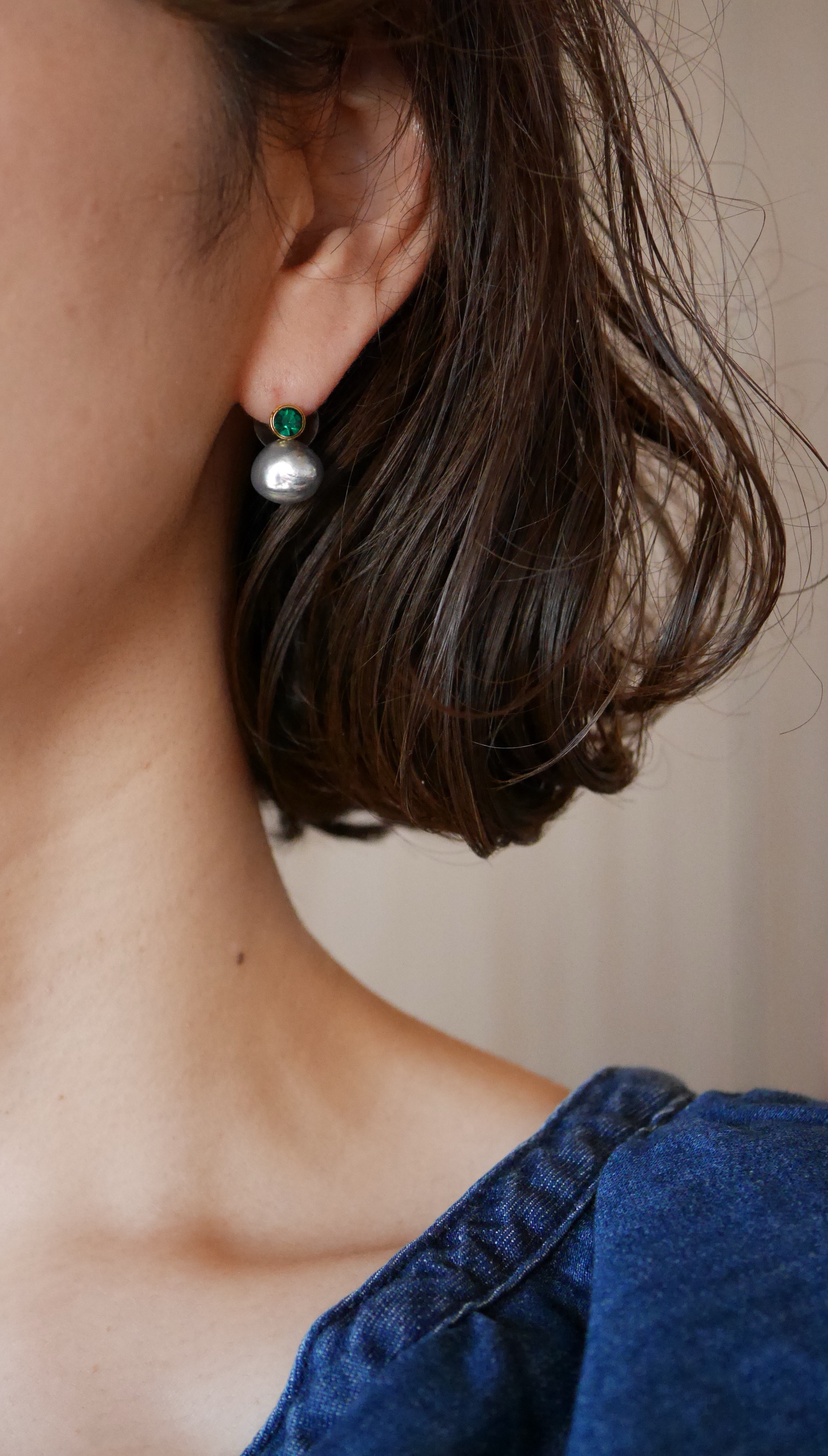 2WAYあこやブルーパール✖️ヴィンテージガラスピアス　金アレ対応　商品No.N14