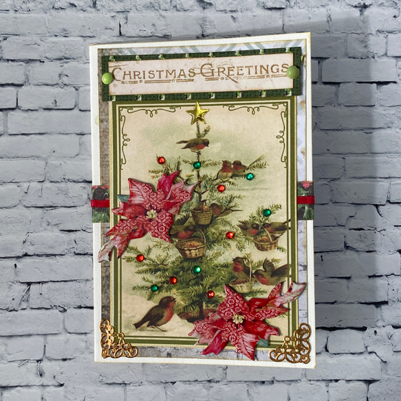 コラージュ アンティークな海外ペーパーのクリスマスカード【こまどり