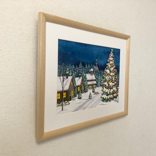 星降るクリスマス」透明水彩画 原画 風景画 額縁付 F4サイズ 絵画 Oni
