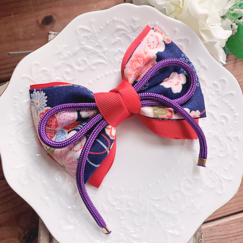 夏祭り】和柄リボン 紫×紺色×赤 髪飾り 江戸組紐 七五三 お正月 和装