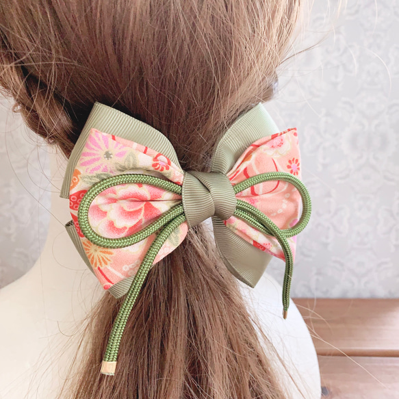 【送料無料】和柄リボン  ピンク×緑 髪飾り 江戸組紐 七五三 お正月 和装 5枚目の画像