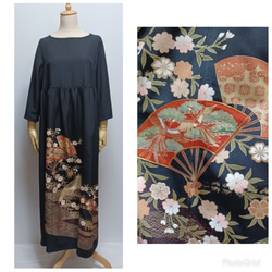 着物リメイク 留袖 扇・鳳凰・花柄 M ウエスト切り替え・七分袖