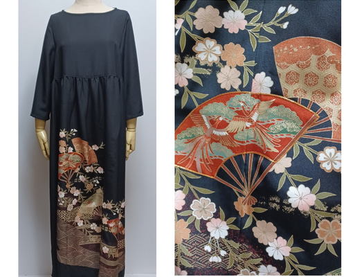 着物リメイク 留袖 扇・鳳凰・花柄 M ウエスト切り替え・七分袖