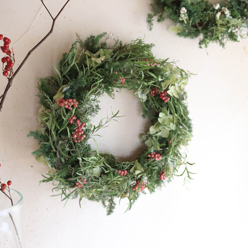大きめ針葉樹のリース ＊ ピンク ドライフラワー クリスマスリース