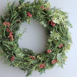 クリスマスリース、ドライフラワー、グリーンリース、針葉樹 大きめ針葉樹のリース ＊ ピンク ドライフラワー クリスマスリース