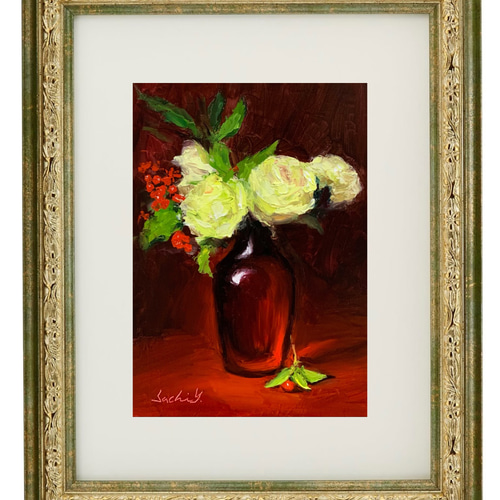 油彩画 Roses and Red Glass 絵画 Sachi Yoshimoto Art 通販