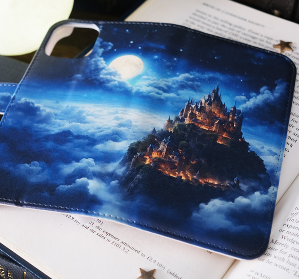 満月と天空にそびえ立つ城 手帳型スマホケース iPhoneケース 全機種対応 5枚目の画像