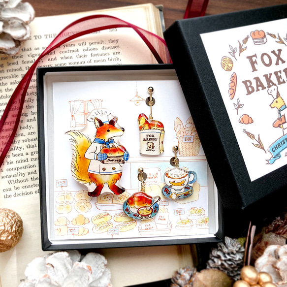 Fox Bakery -Christmas Coffret-｜クリスマスコフレ【キツネのパン屋さん】ブローチ＆イヤリング 1枚目の画像