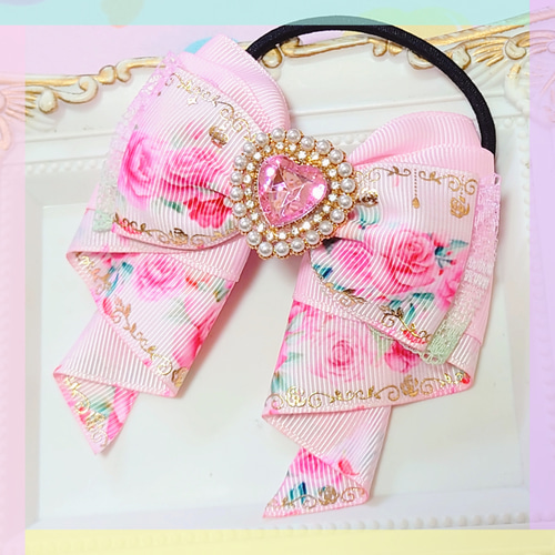 リボン　ヘアゴム♡カノンリボン♡イエローブルー♡ハンドメイド エレガントローズのカノンリボンヘアゴム ヘアゴム ☆Chocolate