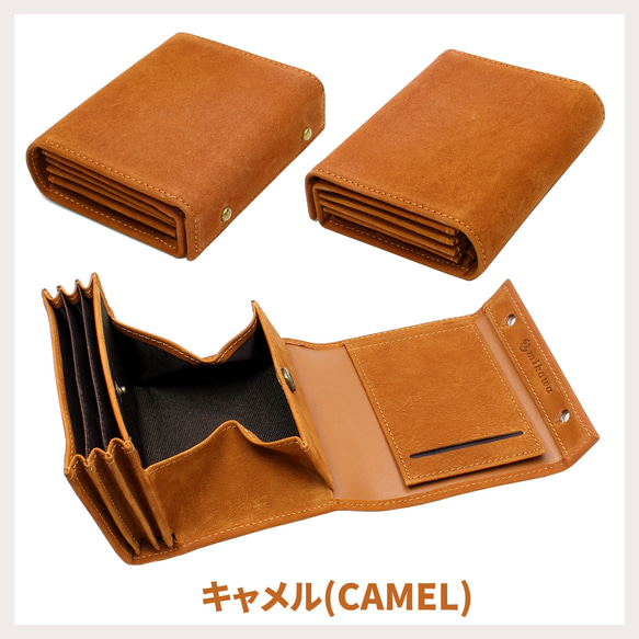 男士雙折錢包，真皮，免費刻名，小巧，盒形錢包，迷你錢包，Millefoglie P30，深綠色，駝色 第13張的照片