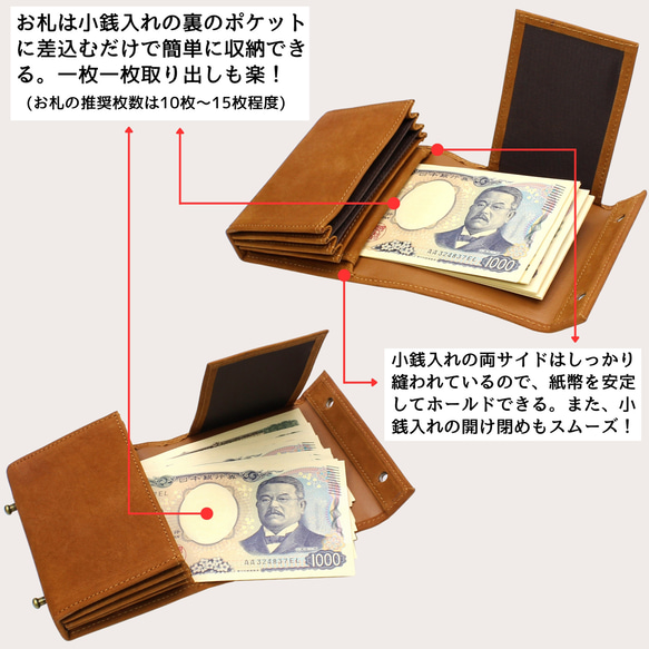 男士雙折錢包，真皮，免費刻名，小巧，盒形錢包，迷你錢包，Millefoglie P30，深綠色，駝色 第9張的照片