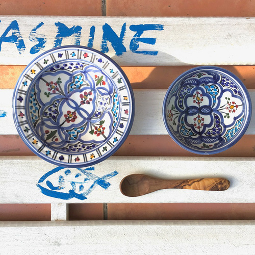 チュニジア・ナブール陶器 ミニクスクス皿&10cmボウルセット 澄んだ