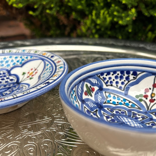 チュニジア・ナブール陶器 ミニクスクス皿&10cmボウルセット 澄んだ