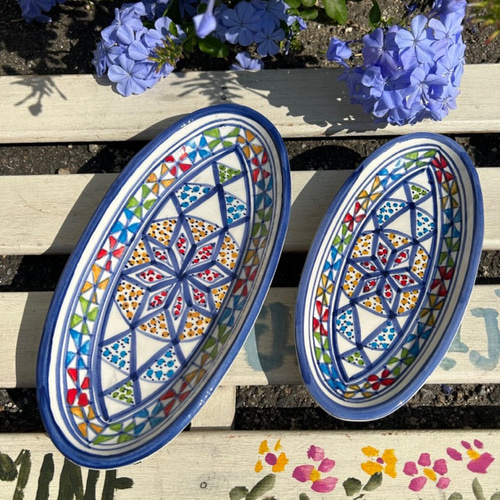 【専用】　チュニジア　ナブールの陶器　セット チュニジア・ナブールの陶器 大きさ違いのオバール皿 2枚セット