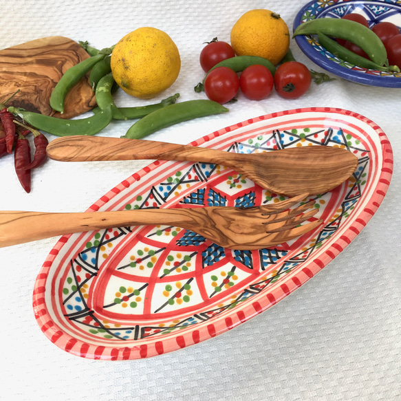 チュニジア・ナブールの陶器　大きさ違いのオバール皿　2枚セット　食欲増進ベルベル情熱の赤27 12枚目の画像