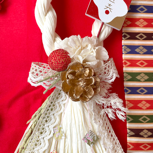 2024正月】タッセル正月飾りホワイト/レース（幅20×丈38cm） しめ縄