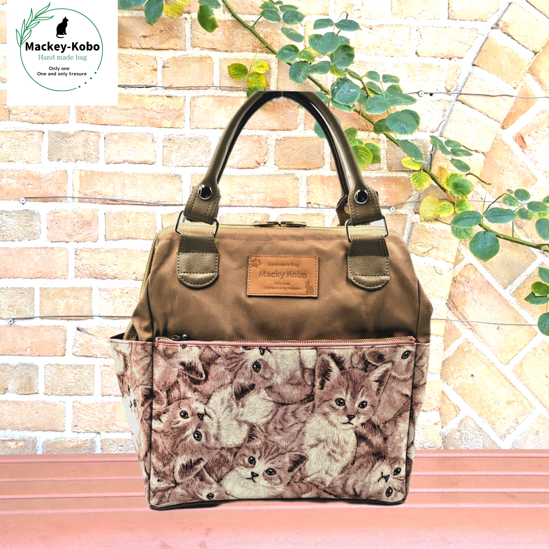 ワイヤー口金のカパッと3wayリュック【子猫いっぱいこ:ローズ】