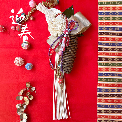 2024正月】丸籐・重ね結び飾り（幅11cm×丈50cm） しめ縄・しめ飾り