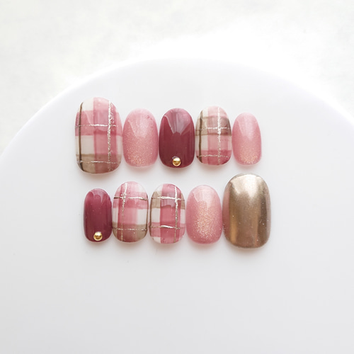 ウォームチェック ネイルチップ 大人可愛い マグネットネイル ミラー