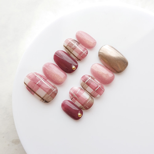 ウォームチェック ネイルチップ 大人可愛い マグネットネイル ミラー